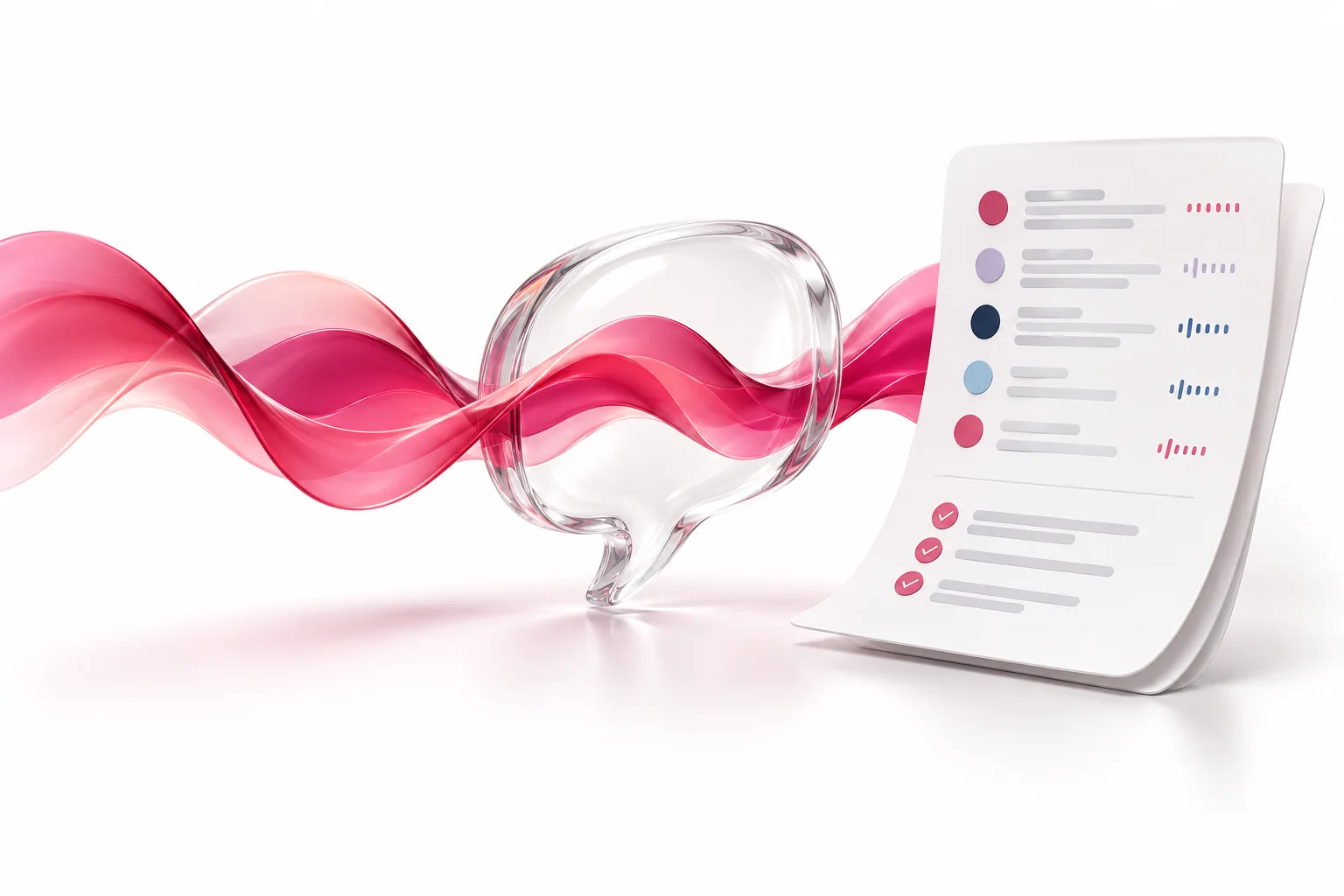 A rose glass sound wave becomes a structured meeting record.